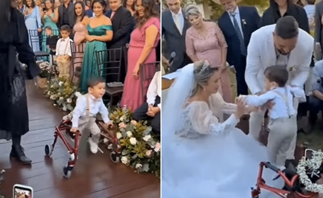 वॉकर की मदद से माता-पिता की शादी में शामिल होने पहुंचा बच्चा, दिल पिघला देगी स्माइल