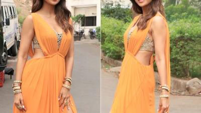 shilpa shetty orange dress Shilpa Shetty steals the show as she steps out in a sari gown; see pics | Fashion News