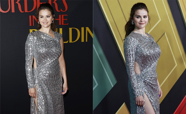 Selena Gomez Is A Drop Dead Diva In A Silver Sequin Cutout Dress With A Thigh High Slit