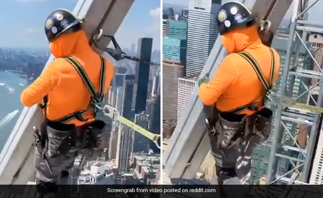 Video Of Construction Worker Carrying Giant Metal Beam At Massive Height Leaves Internet Stunned