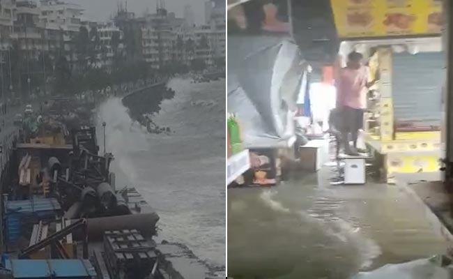 VIDEO: मुंबई के जुहू बीच पर उठीं करीब पांच फीट ऊंची लहरें, दुकानों में भरा पानी