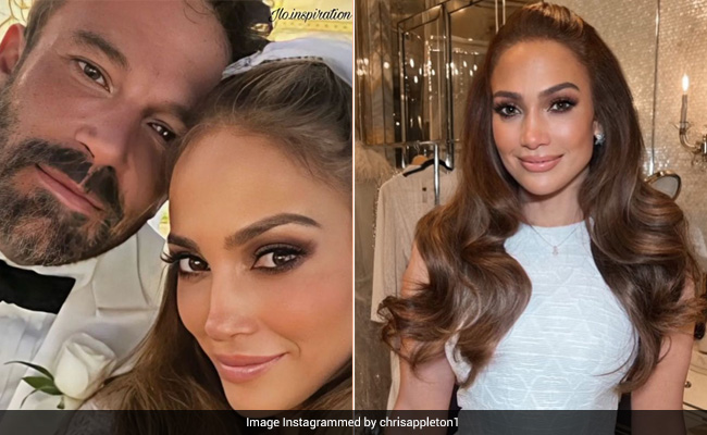 Jennifer Lopez Is A Dreamy Modern Bride In A Contemporary White Wedding Gown And A Half-Ponytail Hairdo