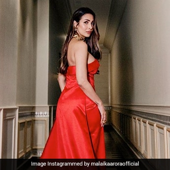strapless open back dress Malaika Arora in gold embroidered gown main image 1