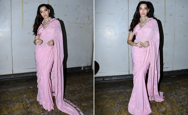 Nora Fatehi's Pink <i>Saree</i> Is So Pretty We Forgot It Is Raining Outside