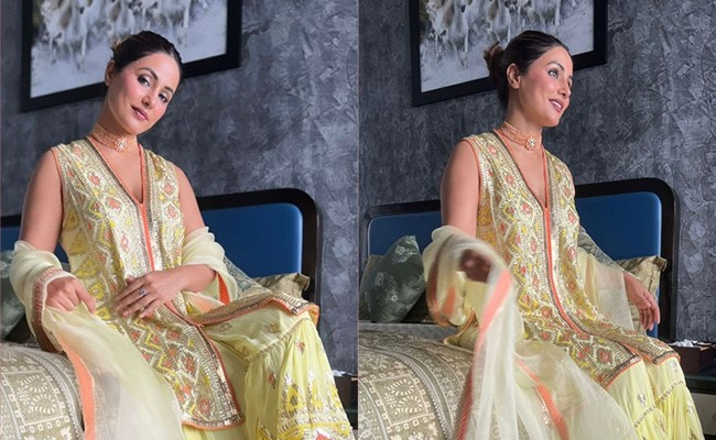 Hina Khan Is Fashionably On Point In A Lime And Orange Sharara Set