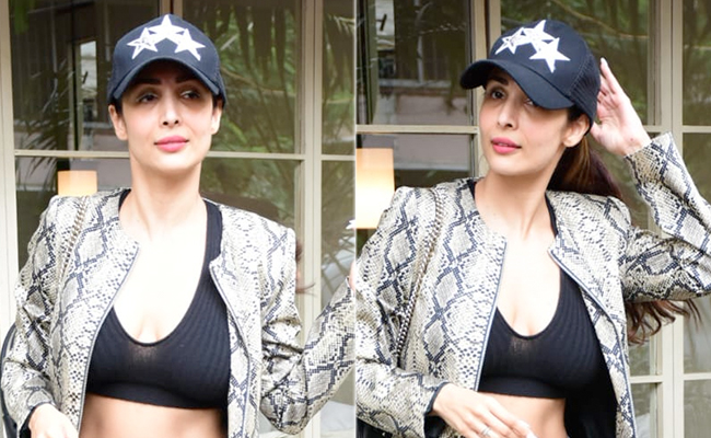 Malaika Arora Skips Athleisure In Favour Of A Snakeskin Blazer With Her Black Bralette And Denim Shorts