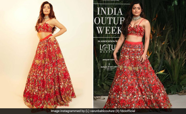 Rashmika Mandanna Enters The Ramp And Exits Right Onto The Festive Season In A Red Floral <i>Lehenga</i>