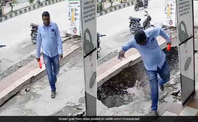 Video: Lucky Escape For Man As Concrete Footpath Crumbles Under Him