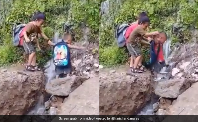 छोटे बच्चों ने चट्टानी रास्तों को पार करने के लिए की एक-दूसरे की मदद, लोग बोले- ये है टीमवर्क की खूबसूरती