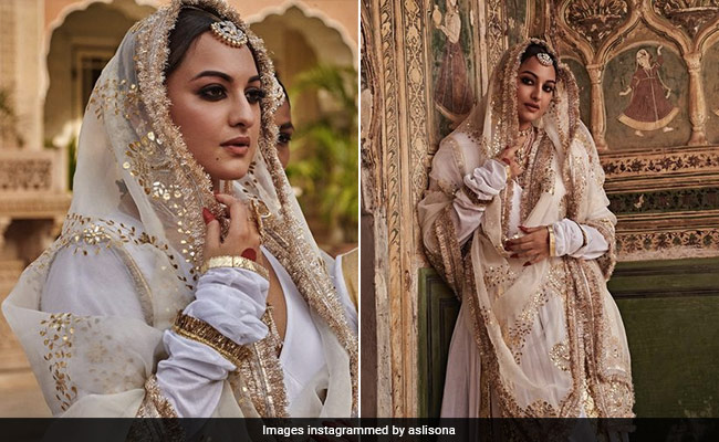 Exuding Royal Charm Is Sonakshi Sinha In A Stunning Ivory And Gold Ghagra Set