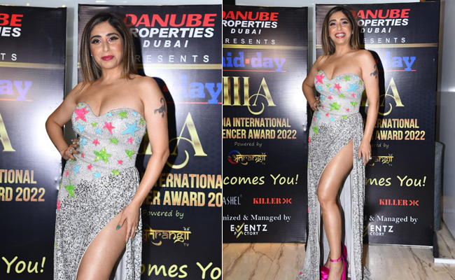 Only Neha Bhasin Could Rock A Starry Silver Sequin Strapless Gown With A Slit And Pink Platform Heels