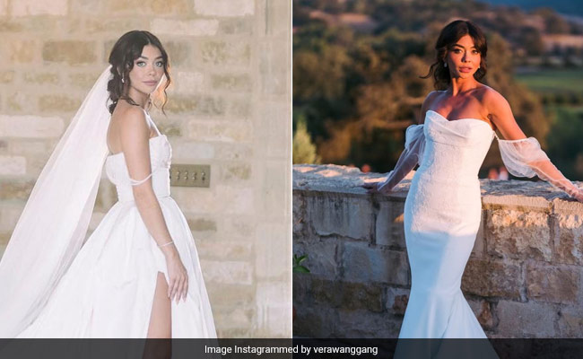Sarah Hyland Goes From Day To Night In Two Vera Wang Bridal Gowns For Her Sunset Wedding To Wells Adams