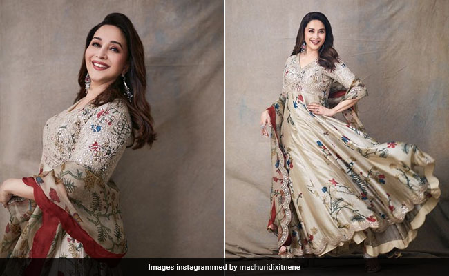Madhuri Dixit Twirls Right Into Navratri 2022 Festivities In An Elegant Ivory <i>Anarkali</i>
