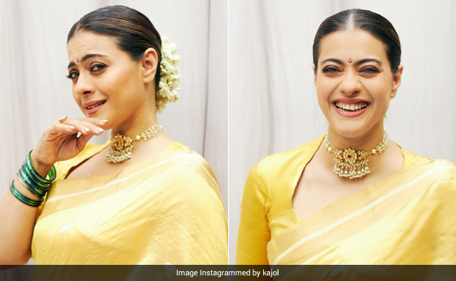 Kajol Looks Traditionally Gorgeous In A Yellow <i>Saree</i> With A <i>Gajra</i> In Her Hair