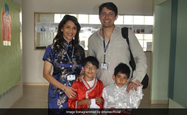 Madhuri Dixit In A Throwback With Sons Arin And Ryan. Pic Courtesy Shriram Nene