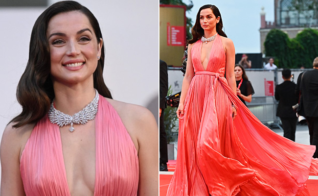 Ana de Armas Takes A Leaf Out Of Marilyn Monroe's Playbook In A Pink Pleated  Louis Vuitton Backless Gown