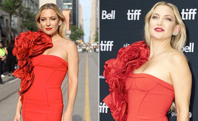 Kate Hudson In A Luscious Red Gown Wears Her Roses On Her Sleeve, Literally