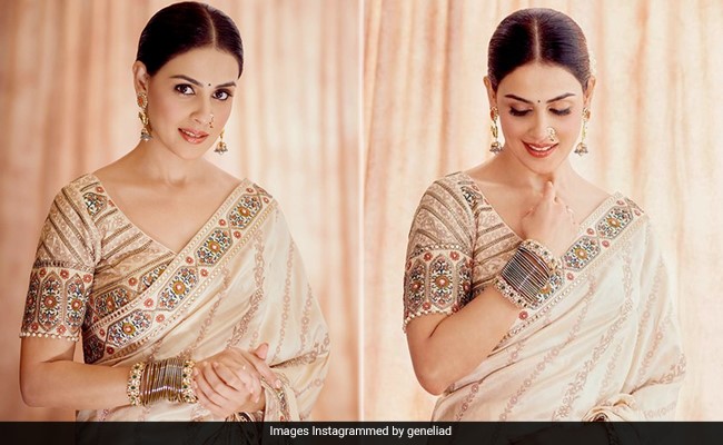 Genelia D'Souza Is Enthralling In An Ivory And Gold Embellished Saree And Nose Ring