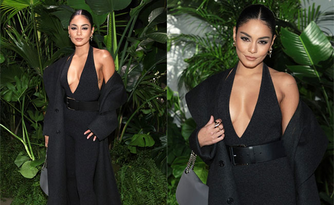 It Doesn't Get Any More Fierce Than Vanessa Hudgens In A Black Michael Kors Jumpsuit And A Matching Trench Coat