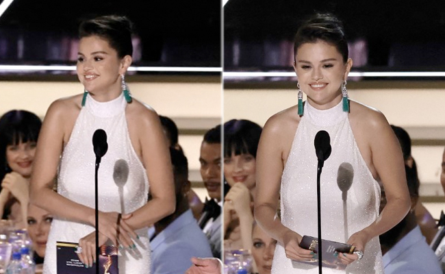 Selena Gomez Is An Absolute Red Carpet Slayer In A Sleek Beaded White Celine Gown