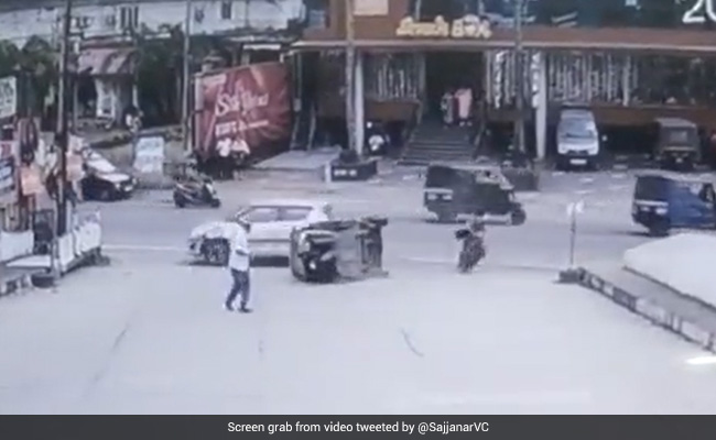 Caught On Camera: Woman Walking On Road Escapes Unhurt As Car Rams Autorickshaw