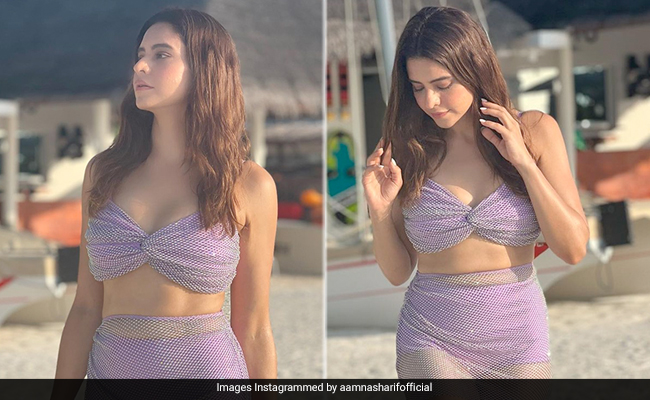 Aamna Sharif's Purple Swimsuit With Sparkling Mesh Is Making Beach Glam A Thing