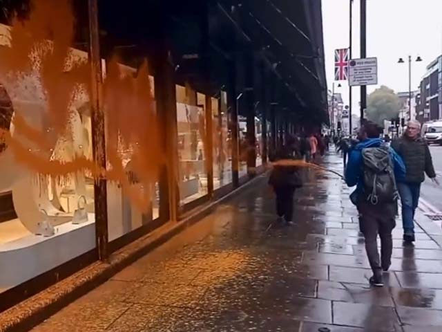 Video: UK Activists Spray Orange Paint On Harrods Showroom In London