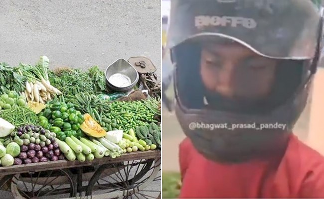 पुलिस के डर से ''हेलमेट'' पहनकर ठेला चलाने लगा बेचारा, पुलिस ने कहा- हम चालान नहीं काटते हैं