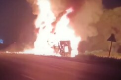 Video: Container Truck Catches Fire On National Highway In Gujarat Video: Container Truck Catches Fire On National Highway In Gujarat