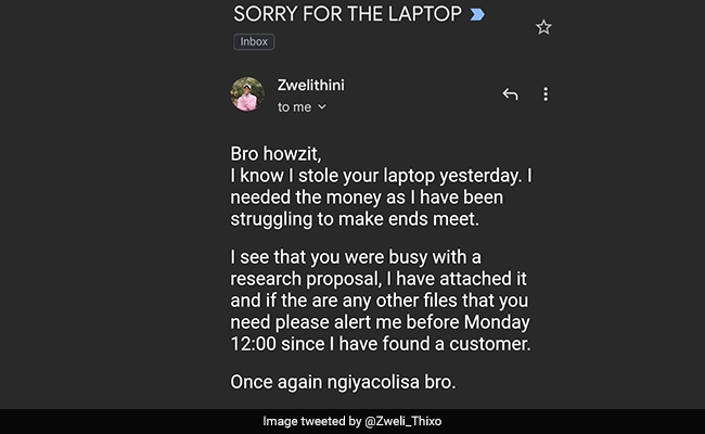 Thief Sends Email To Apologise For Stealing Man's Laptop, Twitter Sympathises