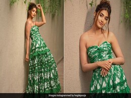 In A Strapless Ruffled Maxi Dress With White Heels, Pooja Hegde Is A Glamorous Diva In Green In A Strapless Ruffled Maxi Dress With White Heels, Pooja Hegde Is A Glamorous Diva In Green