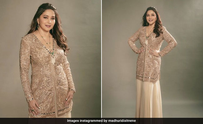 Festive Joy Starts At Madhuri Dixit's Fabulous Beige And Gold <i>Sharara</i>