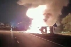 Container Truck Catches Fire On National Highway In Gujarat Container Truck Catches Fire On National Highway In Gujarat