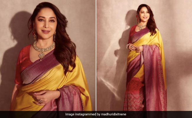 Madhuri Dixit's Multicoloured Patterned <i>Saree</i> Will Be A Standout Style Maker At Diwali Celebrations