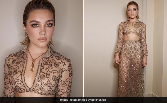 Florence Pugh Made Heads Turn At Paris Fashion Week In A Sheer Bronze Sequin Stunning Co-Ord Set