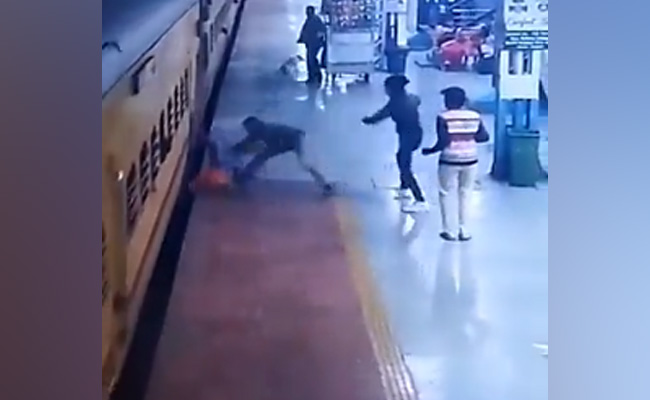 Watch: Railway Cop Saves Elderly Woman From Slipping Under Train