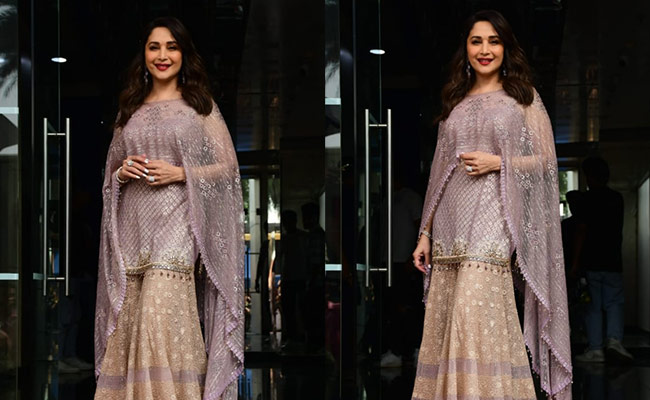 Madhuri Dixit In A Grey <i>Sharara</i> Set Is 'Cape-Able' Of Drawing All Attention To Her