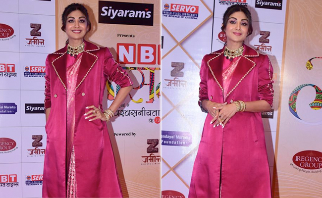 Shilpa Shetty Embraces Desi Fusion By Layering Her Glorious Pink Saree With A Flowing Coat