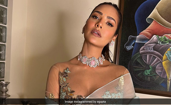 With An Embellished Blue <i>Saree</i>, Esha Gupta's Plum Toned Makeup Is Fabulously Autumn Appropriate