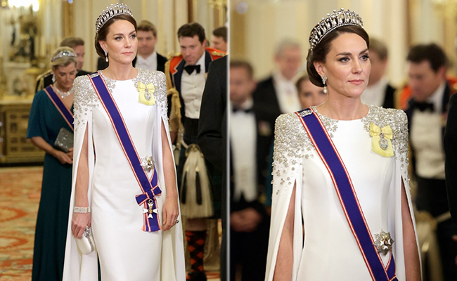 Kate Middleton Revisits The Tiara In An Embellished Jenny Packham Gown And Cape Sleeves