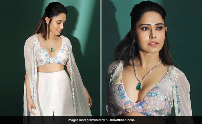 Nushrratt Bharuccha Spreads Iridescence In A Sequin Bralette And Sharara Suit