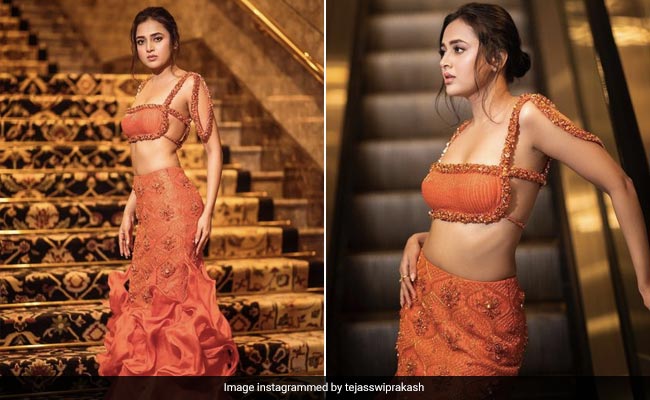 In A Ruffled Orange Skirt And Cutout Blouse, Tejasswi Prakash's Ethnic Fusion Look Is A Wedding Season Delight