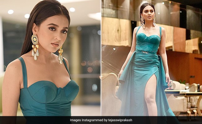 Tejasswi Prakash Looks "Off Guard But On Point" In A Dazzling Teal Gown