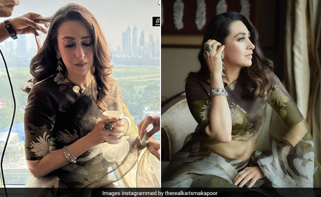 Karisma Kapoor's Dark Floral Saree Has All The Autumn Vibes But With A Breezy Spring Touch