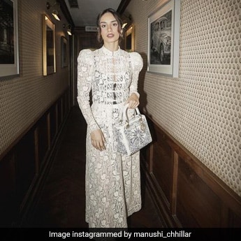 Manushi Chhillar's White Lace Dior Midi Dress With A Lady Dior Bag For The  Dior 2023 Cruise Show Is Vintage Chic On Another Level