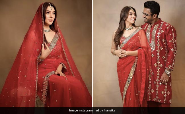 Hansika Motwani's Red Mirror-Work <i>Saree</i> Was The Fitting Start To Her Wedding Festivities