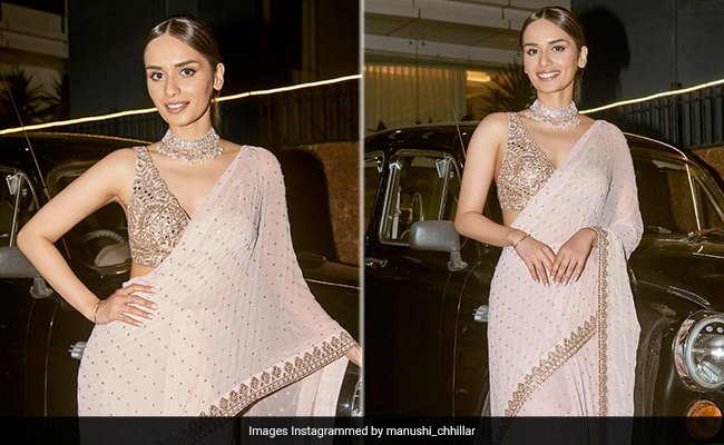 Manushi Chhillar In A Pastel Ruffle Saree Is Surely The Chicest Wedding Guest Around
