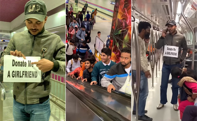 VIDEO: दिल्ली के मेट्रो स्टेशन पर लड़के ने लोगों से दान में मांगी गर्लफ्रेंड, देखें लोगों के अजीबोगरीब रिएक्शन