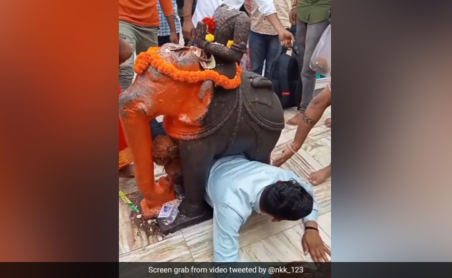 हाथी की मूर्ति के नीचे से निकल रहा था शख्स, बीच में ही अटक गया, वीडियो हो रहा है वायरल