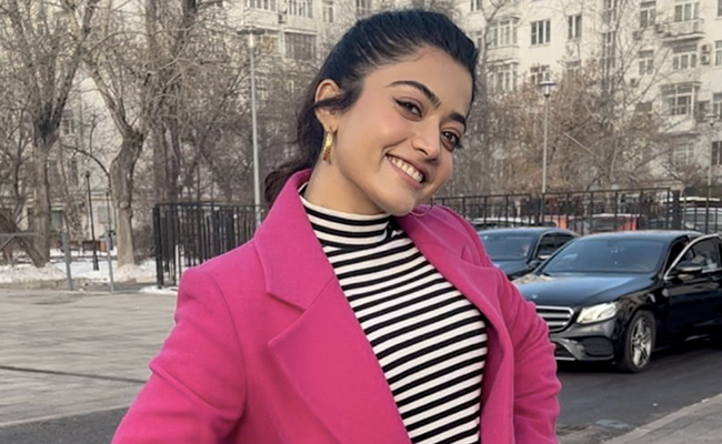 Rashmika Mandanna Makes Every Day Basics Look Trendy In A Stylish Striped Dress And Fuchsia Coat